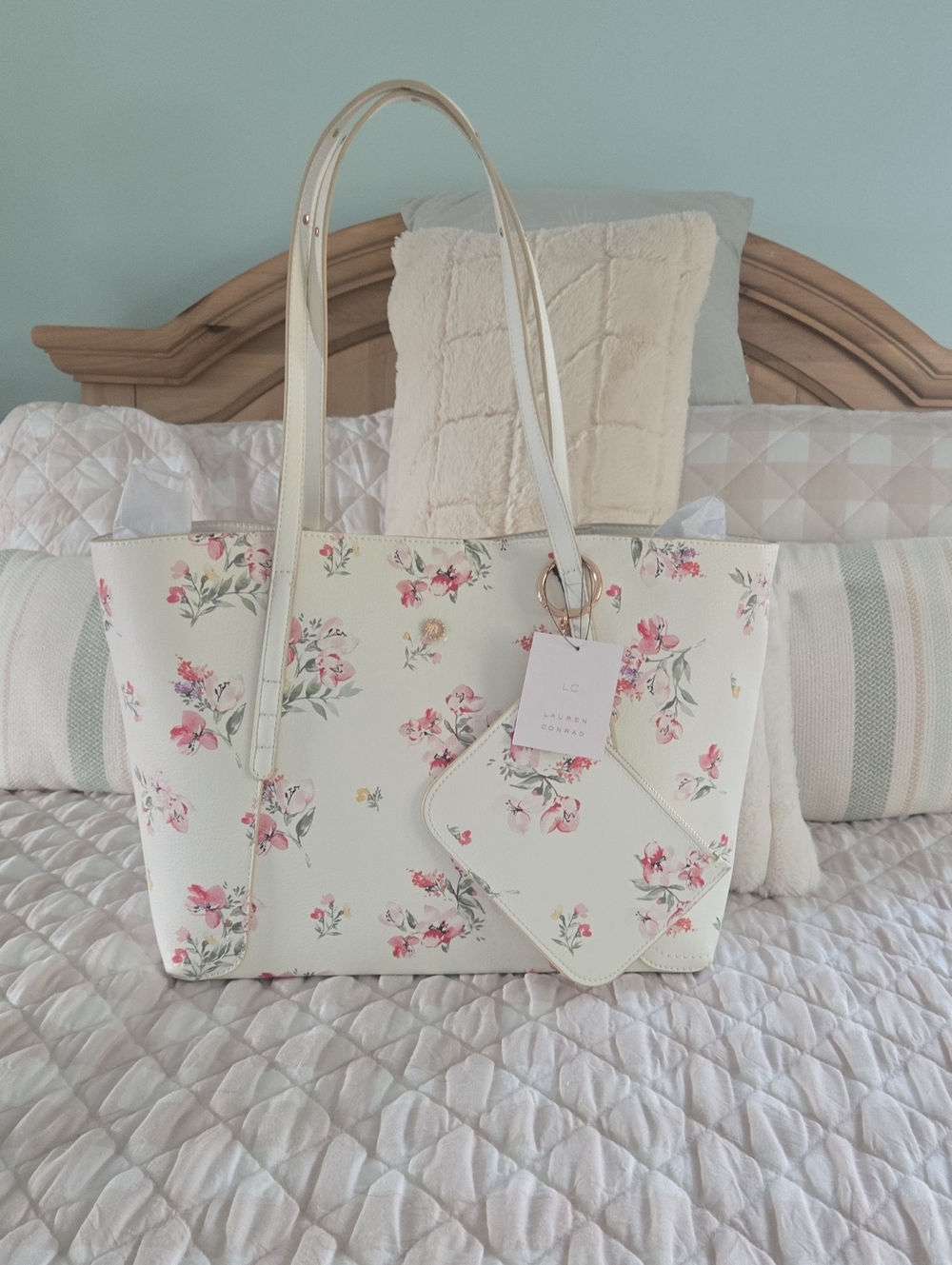 LC Lauren Conrad Cream Floral Tote with Pink Flower Accents